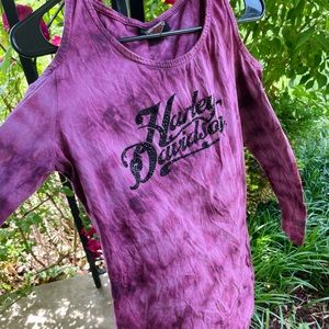 Shoulder cut-out long sleeve HD bedazzled/ tie-dye appearance top.